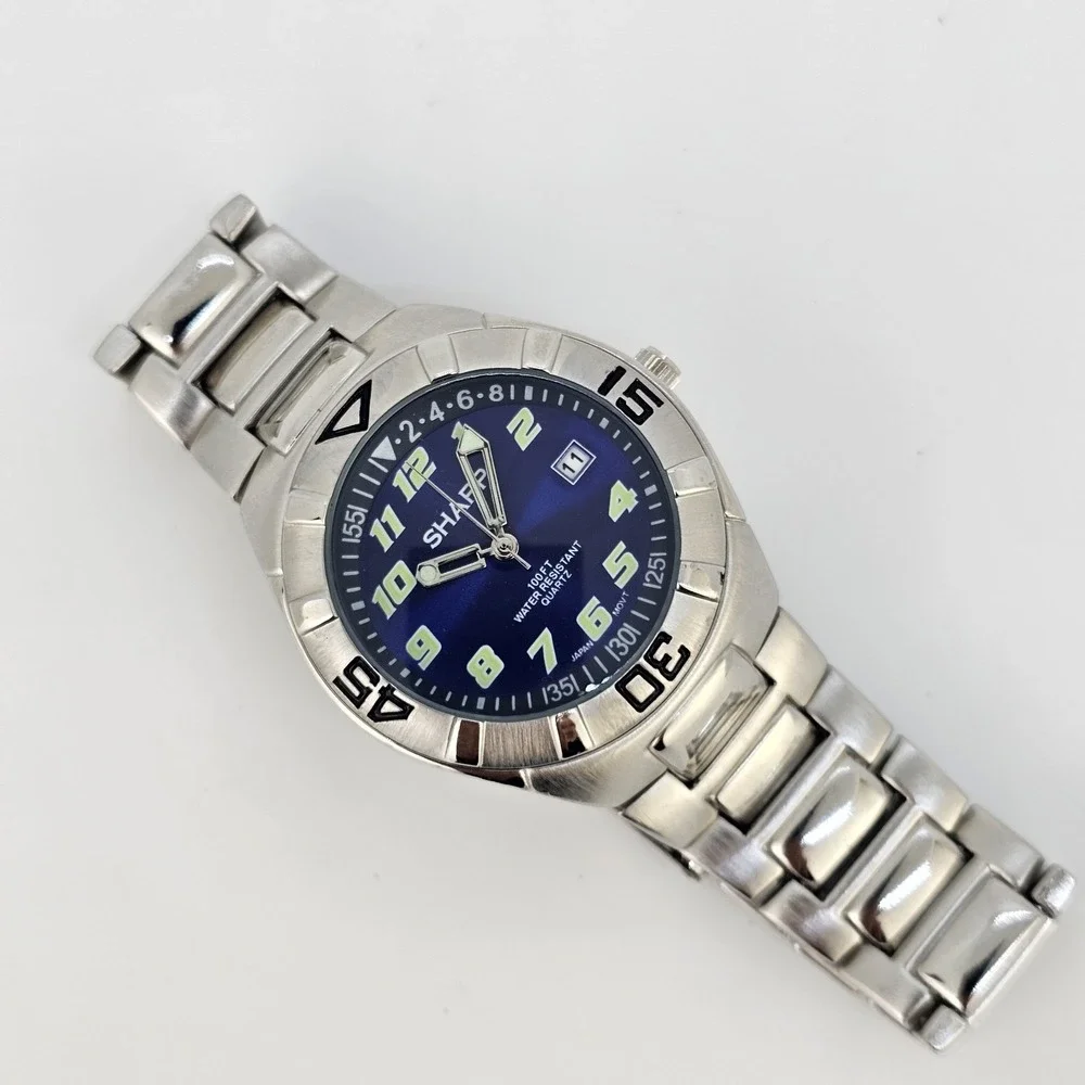 Sharp Analog Men's Watch 40MM Blue Dial Date Gray Bracelet Band 7.5